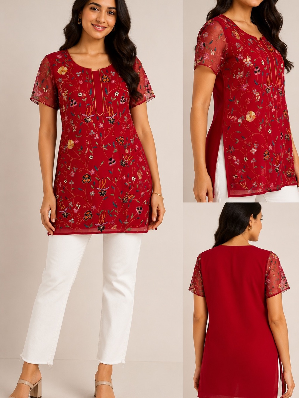 Red Floral Embroidered Sheer Sleeve Tunic Top Boho Indie‎